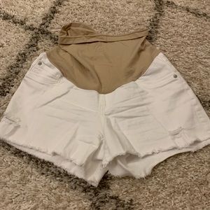 White distressed maternity shorts